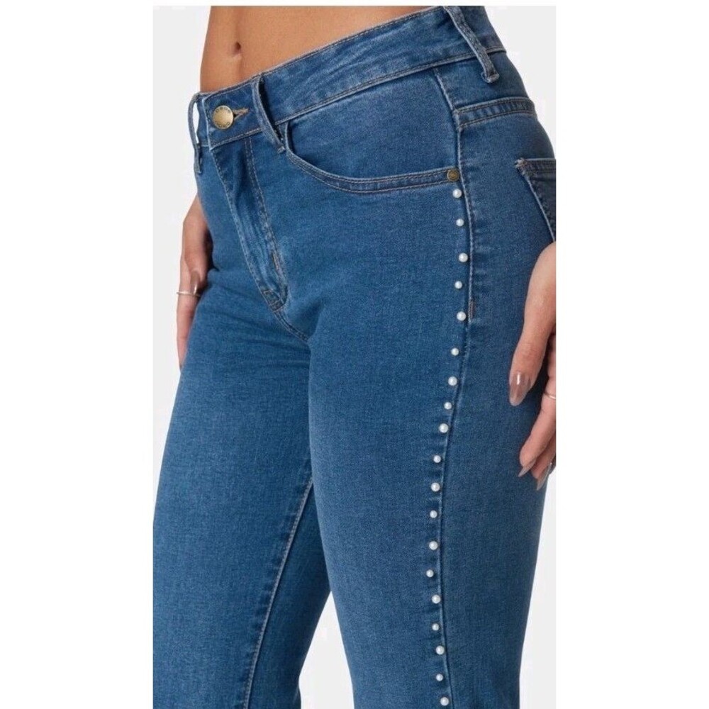 Bebe The Bling String Pearl Embellished Straight Leg Jeans Indigo Wash Size 6 - Picture 3 of 16